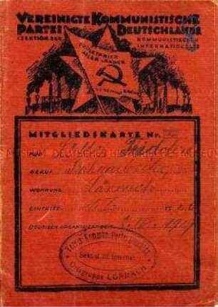 Mitgliedskarte der Vereinigten Kommunistischen Partei Deutschlands (VKPD)