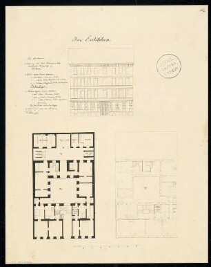 Bürgerliches Wohnhaus Monatskonkurrenz April 1888: Grundriss Erdgeschoss, 1.(= 2. und 3.) Obergeschoss, Aufriss Straßenansicht; Maßstabsleiste