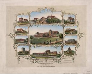 Himmelfahrt Fundgrube bei Freiberg und einige dazu gehörige Gebäude, Lithographie, um 1850 : Arldt, Carl Wilhelm : Himmelfahrt Fundgrube bei Freiberg und einige dazu gehörige Gebäude / Lith. v. C. W. Arldt. - Freiberg : J. B. Bauermeister ; Dresden : Braunsdorf , [um 1850]. - 11 Ansichten auf 1 Kunstbl. : Lithogr. ; Bildgr. 36 x 28 cm