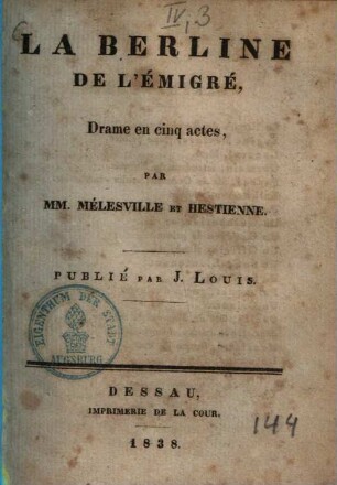 La Berline de l'émigré : Drame en cinq actes