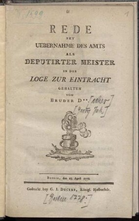 Rede Bey Uebernahme Des Amts Als Deputirter Meister In Der Loge Zur Eintracht