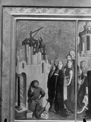Barbara-Altar — Szenen aus dem Leben der heiligen Barbara — Barbara befielt das Einsetzen eines 3. Fensters im Badehaus