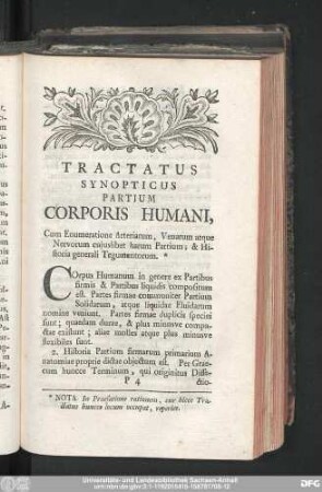 Tractatus Synopticus partium Corporis Humani, Cum Enumeratione Arteriarum, Venarum atque Nervorum cuiuslibet harum Partium; & Historia generali Tegumentorum.