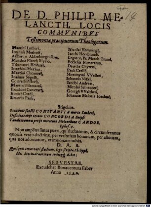 De D. Phil. Melanchthonis Locis communibus testimonia praecipuorum theologorum