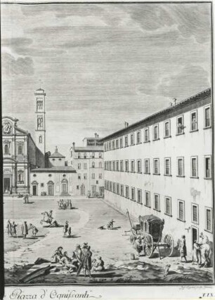 Veduta della Chiesa e Piazza d' Ognissanti : Giuseppe Zocchi (1711-1767). Veduta della Chiesa e Piazza d' Ognissanti. Illustration zu "Scelta di 24 vedute di Firenze", T. IX. Kupferstich, 1744. Ausschnitt. Dresden, Kupferstich-Kabinett B 2115,4