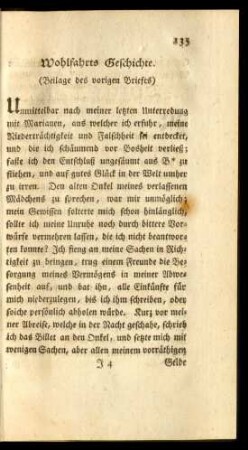 Wohlfahrts Geschichte. (Beilage des vorigen Briefes)