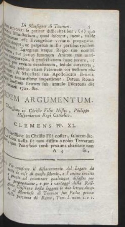 Idem Argumentum. Charissimo in Christo Filio Nostro, Phlippe Hispaniarum Regi Catholico. Clemens PP. XI.