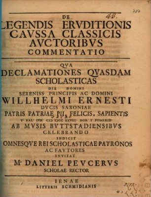 De Legendis Ervditionis Cavssa Classicis Avctoribvs Commentatio