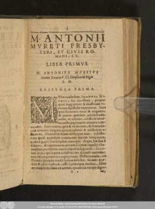 M. Antonii Mureti Presbyteri, Et Civis Romani, I. C. Liber Primus.