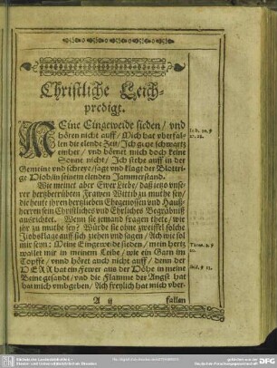 Leichenpredigt : Christliche Leichpredigt. [Antritt]. Textus. Außlegung
