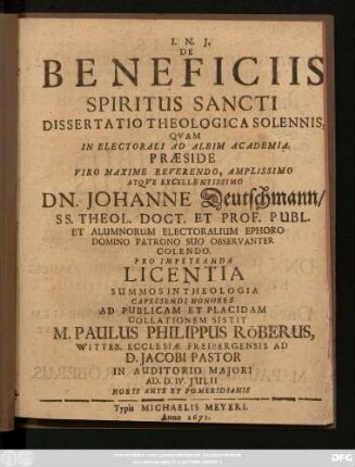 De Beneficiis Spiritus Sancti Dissertatio Theologica Solennis