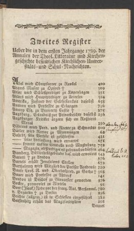 Zweites Register Ueber die in dem ersten Jahrgange 1789 der Annalen der Theol. Litteratur und Kirchengeschichte befindlichen kirchlichen Universitäts- und Schul-Nachrichten