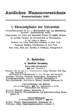 Amtliches Namenverzeichnis Sommerhalbjahr 1929.