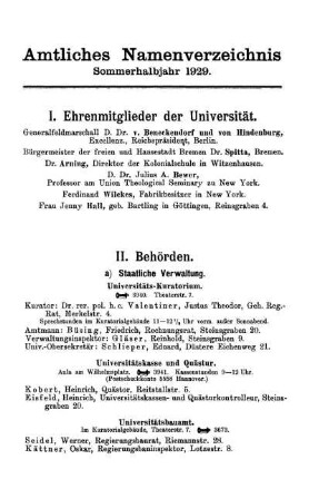 Amtliches Namenverzeichnis Sommerhalbjahr 1929.