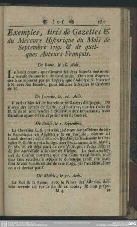 Exemples, tirés de Gazettes & du Mercure Historique du Mois de Septembre 1719. & de quelques Auteurs François