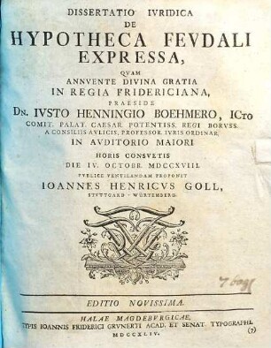 Dissertatio Ivridica De Hypotheca Fevdali Expressa