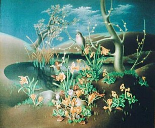 Frühlingsbild mit Schlüsselblumen und Rotkehlchen