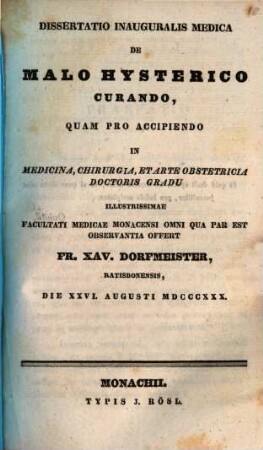 Dissertatio inauguralis medica de malo hysterico curando