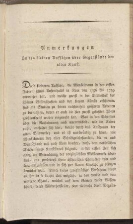 Anmerkungen zu den kleinen Aufsätzen über Gegenstände der alten Kunst.