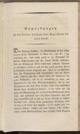 Anmerkungen zu den kleinen Aufsätzen über Gegenstände der alten Kunst.