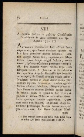 70-90, VIII. Allocutio habita in publico Consistorio; IX. Responsio ad Augustanos Deputatos; X. Allocutio habita in Sacrario Ecclesiae; XI. Homilia habita die 28. Maji 1782