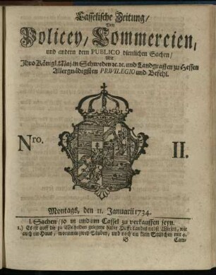 Nro. II, Montags, den 11. Januarii 1734
