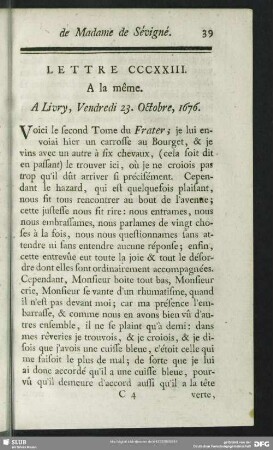 Lettre CCCXXIII. A la même. A Livry, Vendredi 23. Octobre, 1676