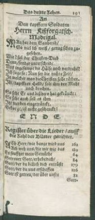 Register über die Lieder/ auff die Zahl der Blätter gerichtet.