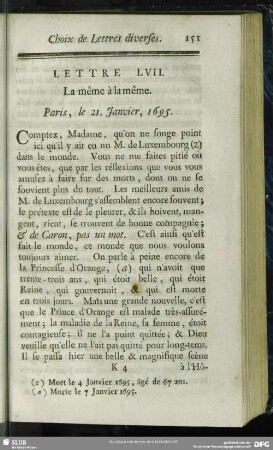 Lettre LVII. La même à la même. Paris, le 21. Janvier, 1695