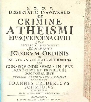 Dissertatio Inavgvralis De Crimine Atheismi Eivsqve Poena Civili