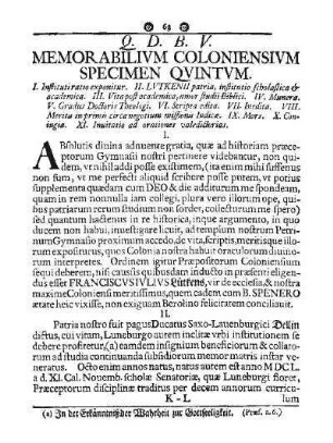 Q. D. B. V. MEMORABILIVM COLONIENSIVM SPECIMEN QVINTVM