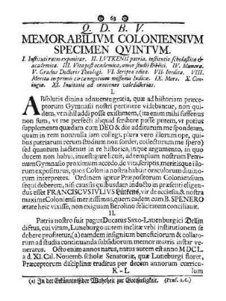 Q. D. B. V. MEMORABILIVM COLONIENSIVM SPECIMEN QVINTVM