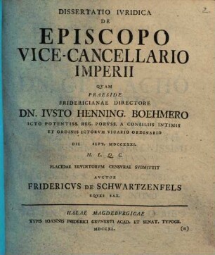 Dissertatio Ivridica De Episcopo Vice-Cancellario Imperii