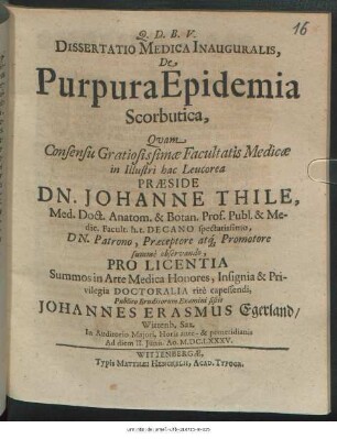 Dissertatio Medica Inauguralis, De Purpura Epidemia Scorbutica