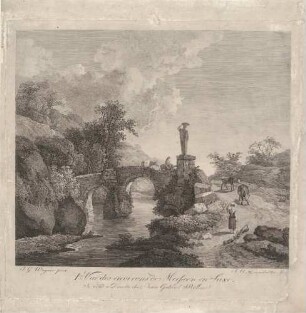 Malerische Ansichten aus der Umgebung von Meißen, 1. Blatt: Idealansicht mit Bach, Brücke, Vieh und zwei auf dem Kopf tragenden Frauen