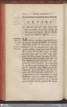 Lettre A Monsieur De Boissy de l'Académie Françoise, auteur du Mercure de France; sur la décoloration des coquilles fossiles
