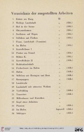 Verzeichnis der ausgestellten Arbeiten (Nr.1-72)
