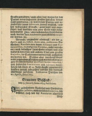 Gemeiner Bescheid/ den 13. Ianuarii Anno 1674 Publicirt.