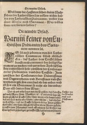 Die neundte Ursach Warumb keiner von den Lutherischen Predicanten das Sacrament nemmen sol.