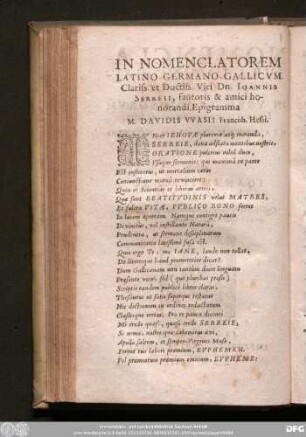 In Nomenclatorem Latino- Germano- Gallicum Clariss. et Doctiss. Viri Dn. Ioannis Serreii, fautoris & amici honorandi, Epigramma