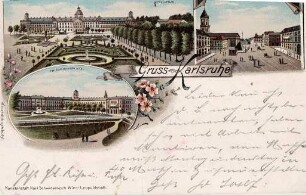 Postkartenalbum. "Gruss aus Karlsruhe". Schloss mit Schlossplatz, Marktplatz und Friedrichsplatz