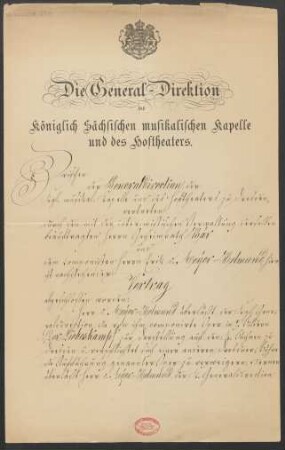 Vertrag über Aufführungsrechte von "Der Liebeskampf" für Dresden und über Druckerlaubnis für Textbücher