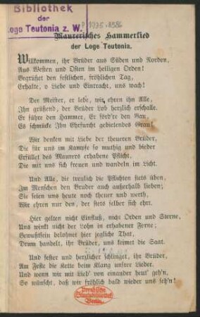 Maurerisches Hammerlied der Loge Teutonia