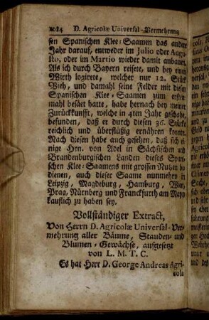 Vollständiger Extract, Von Herrn D. Agricolæ Universal-Vermehrung aller Bäume, Stauden- und Blumen-Gewächse,[...]