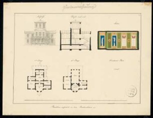 Gärtnerwohnung Monatskonkurrenz November 1832: Grundriss Erdgeschoss, Obergeschoss, Aufriss Vorderansicht, Querschnitt, Aufriss einer Innenwand; 2 Maßstabsleisten