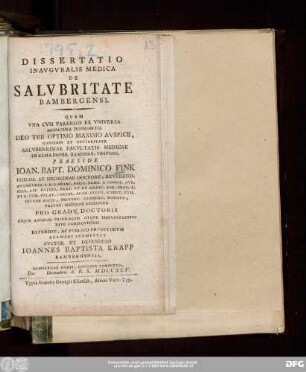 Dissertatio Inavgvralis Medica De Salvbritate Bambergensi