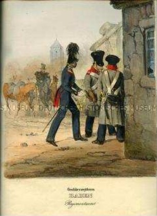 Uniformdarstellung, Regimentsarzt, Infanteristen, Großherzogtum Baden, 1835/1843. Tafel 330 im Buch: Eckert/Monten: Das deutsche Bundesheer in charakteristischen Gruppen.