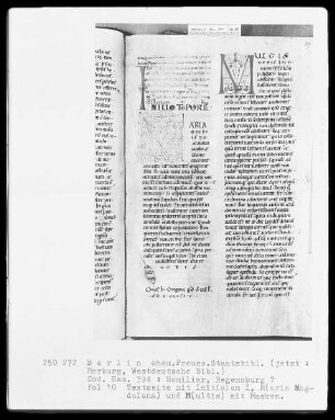 Homiliarium — Initialen I(n illo tempore), M(aria Magdalena) und M(ultis), letztere mit Masken, Folio 10recto