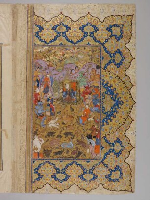 Illustration: Sulaimān thront inmitten von Engeln, Dämonen, Menschen und Tieren