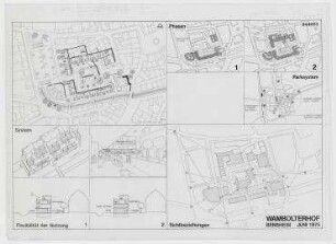 Wettbewerb Wambolter Hof (nicht realisiert) – Draufsicht, Lageplan, Parksystem, Grundrisse Parkhaus EG, UG, Perspektivansicht Innenhof, Perspektivansicht, Schnitte durch eine Wohneinheit. Bensheim/Hessen, Beauner Platz, Neugasse, Schuhgasse, Grabengässchen, Bahnhofstraße
